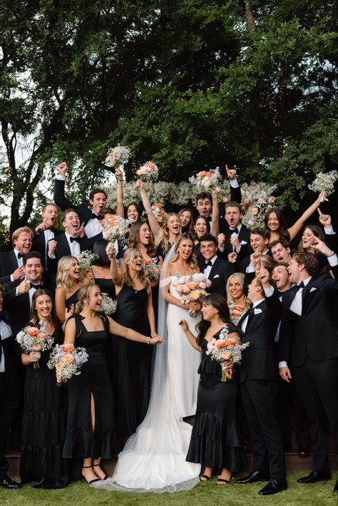 Huge wedding party. Black bridesmaids dresses. Colorful bouquets. Wedding Inspo dallas texas. Modern Colorful Wedding, Colorful Modern Wedding, Sunshine On A Rainy Day, Black And White Wedding Theme, White Wedding Theme, White Bridesmaid, Bridesmaid Colors, Spring Color Palette, Black Bridesmaids