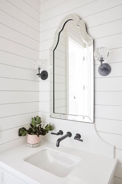 Uttermost Hovan Frameless Arched Mirror on Shiplap wall - Transitional - Bathroom Ancient Bathroom, Curved Backsplash, Frameless Arched Mirror, Bathroom Concepts, Shiplap Bathroom, Wall Faucet, Walk In Shower Designs, White Shiplap Wall, Shiplap Wall