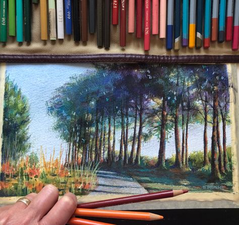 Colored Pencil Mixed Media, Colored Pencil And Watercolor Art, Watercolor Pencil Landscape, Watercolor Colored Pencils, Color Pencil Art Landscape, Watercolor And Colored Pencil Art, Landscape Colored Pencil, Watercolor Pencil Drawings, Colored Pencil Landscape