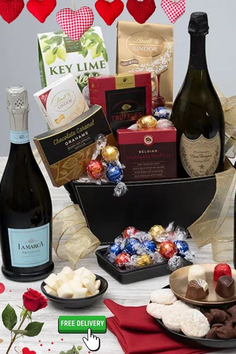 In an elegant gift basket, have your pick between four different sparkling wines and an unbeatable selection of decadent gourmet treats, including handmade French truffles and decadent chocolates, offering everything needed to make your & your loved one's Valentine Day more special!! Champagne Gift Basket, Champagne Gift Baskets, French Truffles, Engagement Gift Baskets, Key Lime Cookies, Snack Gift Baskets, Lime Cookies, Champagne Chocolate, Champagne Truffles