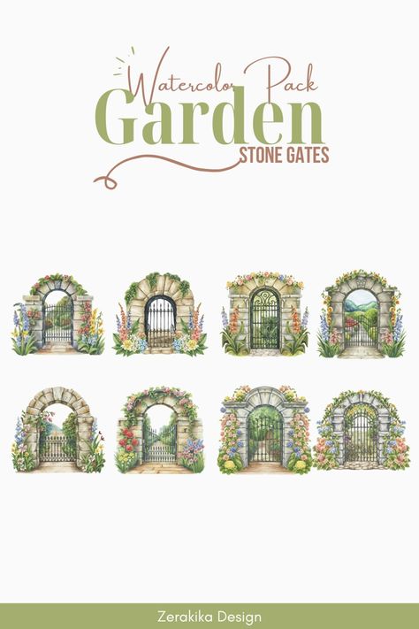 Garden Gates Watercolor Pack - Zerakika from Kaleidokika's Ko-fi Shop - Ko-fi ❤️ Where creators get support from fans through donations, memberships, shop sales and more! The original 'Buy Me a Coffee' Page. Gate Watercolor, Castle Gate, Watercolor Border, Watercolor Fruit, Stone Garden, Fall Garden, Wedding Clipart, Wreath Watercolor, Watercolor Illustrations