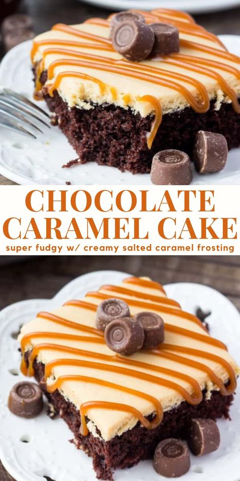 This chocolate cake with caramel frosting is an easy, delicious sheet cake with a delicious flavor combo. The chocolate cake is moist and fudgy and the caramel frosting has the perfect hint of salt and creamy texture #caramelfrosting #chocolatecaramelcake #chocolatecaramelcake #caramelbuttercream #chocolatecake from Just So Tasty https://www.justsotasty.com/chocolate-cake-caramel-frosting/ Chocolate Caramel Desserts, Enchanted Kitchen, Chocolate Caramel Dessert, Chocolate Cake With Caramel, Cake With Caramel Frosting, Super Moist Chocolate Cake, Caramel Dessert, Caramel Dessert Recipes, Chocolate Caramel Cake