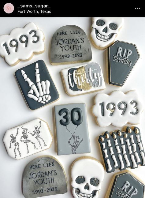 Rip 50th Birthday Party, Rip Cookies, 30 Year Old Birthday Theme, Rip 20s Birthday Theme, Rip 20s 30th Birthday Party, Rip To My 20s Party Men, Rip 20s Birthday Cookies, Rip 20s Birthday Party Games, 30th Birthday Ideas For Women Halloween