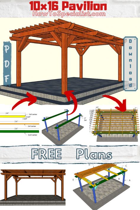 This step by step tutorial is about how to build a 10x16 pergola. The free plans come with step by step 3D diagrams and instructions. Full Cut & Shopping lists included. PDF download and Print Friendly. #pergola #gardenpergola #10x16pergola Free Standing Pergola, How To Build Steps, Wooden Gazebo, Building A Pergola, Diy Playground, Outdoor Pavilion, Wood Pergola, Pergola Ideas, Backyard Pergola