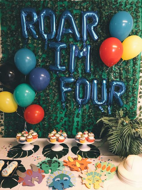 4th Birthday Party Ideas, Dinosaur Birthday Theme, Dinosaur Birthday Party Decorations, 4th Birthday Party, Dinosaur Themed Birthday Party, Boy Birthday Party Themes, Dino Birthday Party, Dino Birthday, Fourth Birthday