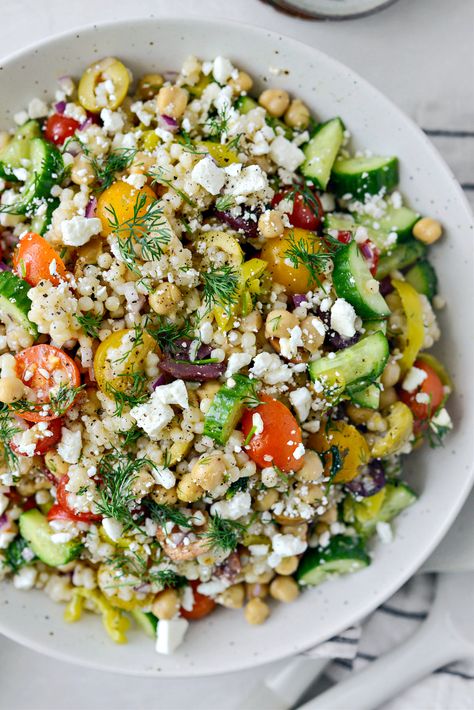 Greek Couscous Salad - Simply Scratch Greek Couscous, Pearled Couscous, Yum Salad, Greek Couscous Salad, Lebanese Garlic Sauce, Pearl Couscous Salad, Couscous Salad Recipes, Mediterranean Couscous, Salad Dressing Recipes Homemade