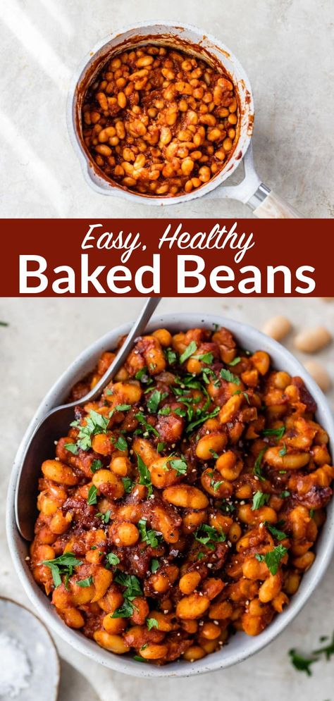 An easy baked beans recipe made with maple syrup and no bacon. They're the BEST baked beans from scratch. Healthy and ready in 30 minutes. Baked Bean Side Dish Recipes, Veggie Baked Beans, Heart Healthy Baked Beans, Healthy Bean Dishes, Baked Beans Recipe No Bacon, Mediterranean Baked Beans, Healthier Baked Beans, Healthy Baked Beans Clean Eating, Kidney Bean Casserole Recipes