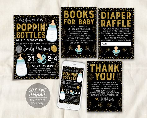 Poppin Bottles Baby, New Years Eve Invitations, Poppin Bottles, Diaper Raffle, Editable Template, Invitation Suite, Thank You Notes, Nouvel An, Girl Baby Shower