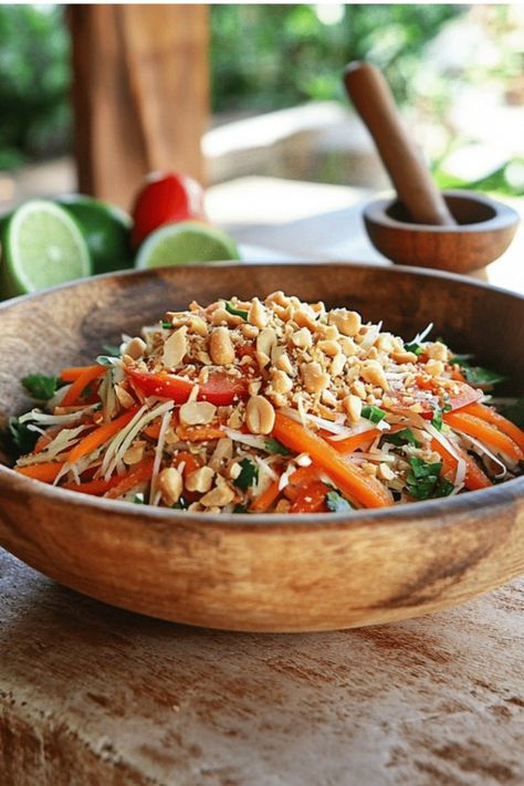 A vibrant wooden bowl filled with a colorful salad featuring shredded green papaya, carrots, tomatoes, and a generous topping of crushed peanuts, embodying the essence of Spicy Thai Green Papaya Magic. In the background, lime and a mortar and pestle add a rustic touch. Som Tam Salad, Zesty Salad, Quinoa Spinach, Green Papaya Salad, Thai Salads, Easy Salad Dressing, Green Papaya, Papaya Salad, Spicy Thai