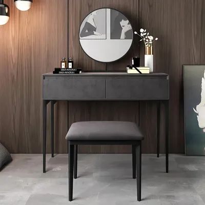 Gray Makeup, Dream Vanity, Vanity Makeup Table, Makeup Vanities, Makeup Vanity Set, Mirror Stool, Gray Vanity, Dressing Table Design, Vanity Table Set