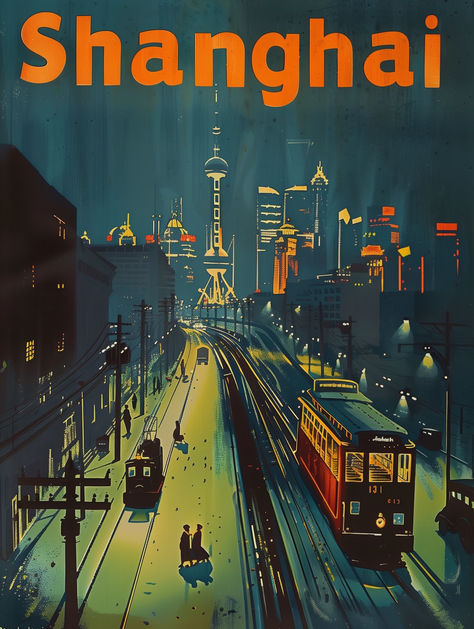 Step into the bygone era of Shanghai's illustrious past with our Vintage Shanghai Tramline Travel Poster. This print illuminates the bustling nightlife of historic Shanghai, with its charming trams gliding along the city's vibrant arteries under the watchful gaze of the iconic skyline, punctuated by the Oriental Pearl Tower standing as a beacon of progress and innovation. This high-quality, printable travel poster offers an instant download option for those who appreciate art that tells a story. Uni Decor, Shanghai Aesthetic, Vintage Shanghai, China Poster, China Tourism, Shanghai Travel, Shanghai City, Japan Poster, Asian Wall Art