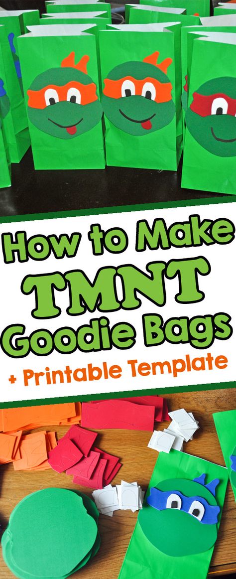 Teenage Mutant Ninja Turtle Party ideas - Learn how to make these TMNT Goodie Bags with a printable template. Ninja Turtles Goodie Bags, Tmnt Goodie Bags, Ninja Turtle Gift Bags, Ninja Turtle Gift Ideas, Ninja Turtles Goody Bag Ideas, Ninja Turtle Goodie Bag Ideas, Ninja Turtles Birthday Party Ideas Diy, Diy Ninja Turtle Party, Tmnt Party Ideas