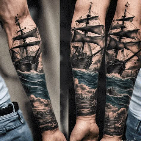 Nautical Sleeve Tattoo Mens, Seaman Tattoo Design, Tattoos For Guys Arm, Ship Tattoo Sleeves, Ocean Tattoo Ideas, Sea Tattoos, Nautical Sleeve, Theme Tattoos, Cool Aesthetic Tattoos