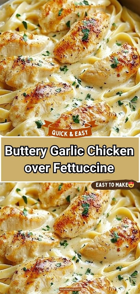 Indulge in the rich, comforting flavors of this Buttery Garlic Chicken over Fettuccine. With tender chicken strips, a luscious garlic butter sauce, and perfectly cooked pasta, this dish is a quick and satisfying meal that’s perfect for weeknight dinners or special occasions. Quick And Easy Chicken Dinners For Two, Creamy Chicken Dishes For Dinner, Chicken With Fettuccine Noodles, Easy Fast Chicken Dinner Recipes, Pasta With Fettuccine Noodles, Chicken Thigh And Egg Noodles, Chicken Pasta Dishes For Dinner, Buttery Chicken Pasta, Quick Chicken And Pasta Recipes