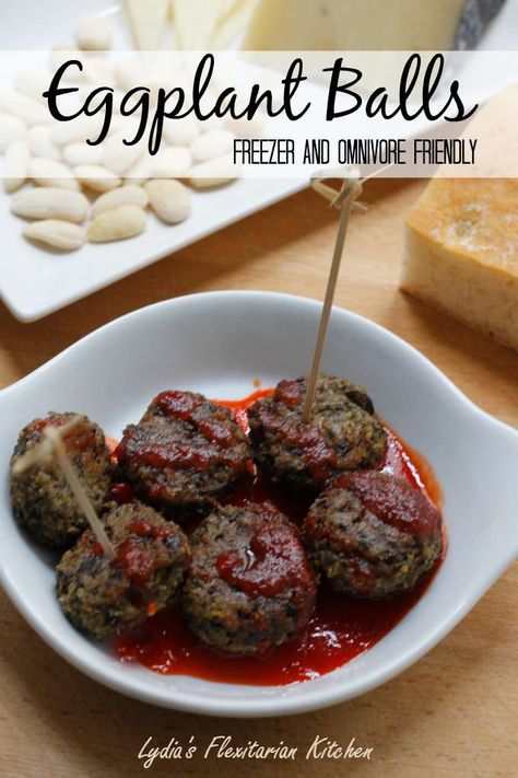 Eggplant Meatballs ~ Freezer and Omnivore Friendly ~ #TheRecipeReDux ~ Lydia's Flexitarian Kitchen Eggplant Freezer Recipes, Meatballs Freezer, Party Food Healthy, Ideas For Party Food, Eggplant Meatballs, Thai Peanut, Fat Loss Foods, Cream Soup, Eggplant Recipes