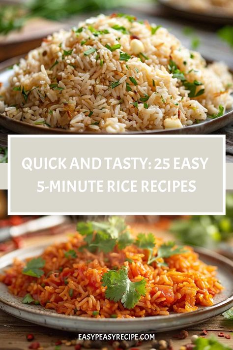 Two plates of rice dishes, one topped with herbs, promoting "Quick and Tasty: 25 Easy 5-Minute Rice Recipes." 4 Flavored Rice Recipes, Dinner Recipe With Rice, Old Rice Recipes, Spiced Rice Recipes, Boil In Bag Rice Recipes, Leftover Rice Recipes Easy, Rice Pilaf Recipe Easy, Dinner With Rice, Flavored Rice Recipes