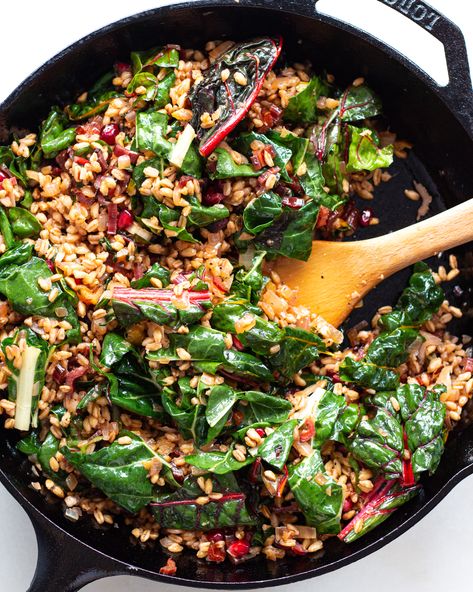 Toasted Farro & Swiss Chard Toasted Farro, Farro Bowl Recipe, Chard Recipes Healthy, Farro Bowl, Rainbow Chard Recipes, Justine Snacks, Justine Doiron, Newest Recipes, Grain Bowl Recipe