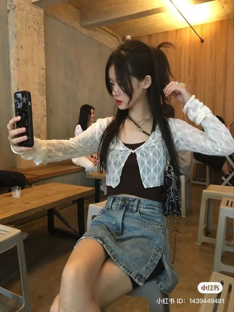 #outfit #ootd #fashion #koreanfashion #kstyle Croptop Cardigan Outfit Ideas, Japanese Restaurant Outfit, Summer Cafe Outfit, Summer Acubi Fashion, Outfits For Mall, Japanese Outfits Summer, Outfit For Mall, Y2k Outfits Korean, Summer Japanese Outfits