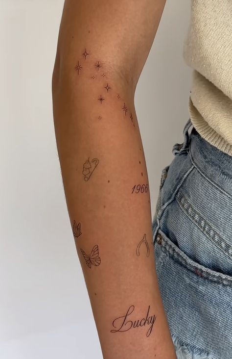 Fun Meaningful Tattoos, Small Meaningful Arm Tattoos For Women, Subtle Fine Line Tattoo, Top Of The Wrist Tattoos For Women, Balanced Tattoo Ideas, Simple Full Arm Tattoo, Dainty Sticker Sleeve Tattoo, Girly Bicep Tattoo, Patchwork Tattoo Minimalist