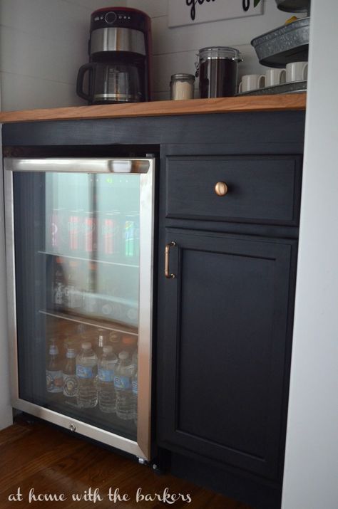 DIY Beverage Bar Cabinet painted with Americana DECOR Chalky Finish paint available at Jo-Ann! Diy Beverage Bar, Bar Cabinet With Fridge, Diy Bar Cabinet, Microwave Wall Cabinet, Mini Fridge Cabinet, Beverage Bar, Beverage Fridge, Stock Cabinets, Outdoor Kitchen Appliances