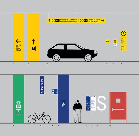 Signage system - UQAM parking garages on Behance Parking Lot Signage, Bicycle Parking Design, Signage System Design, Mall Signage, Parking Signage, Parking Lot Sign, Signage Systems, Road Signage, Environmental Branding