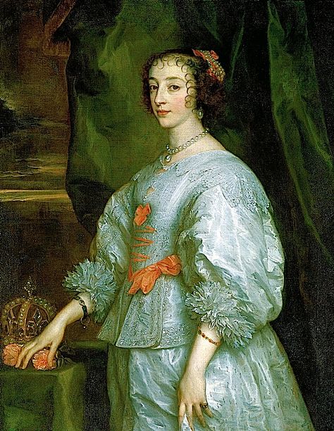 The dress in this well-known portrait of her is a classic. The lace collar is familiar to "the Yellow Gown". The sleeves are elbow length and puffed over their full length, a feature that would persist until the 1680s. The cuffs are a point of interest. The ribbon around her waist emphasizes her waistline, even though the bodice is more like a jacket. Henrietta Maria, Fashion History Timeline, 17th Century Fashion, Anthony Van Dyck, Charles I, Royal Collection Trust, Queen Consort, The Royal Collection, Queen Of England