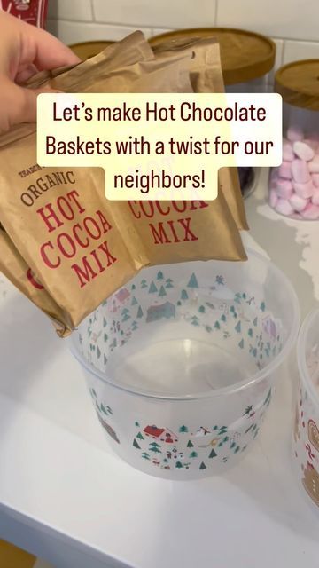 Batter Bowl Gift Ideas, Holiday Treats For Teachers, Cute Hot Chocolate Gifts, Neighbor Christmas Gifts Hot Chocolate, Christmas Tin Treats Gift Ideas, Neighbor Christmas Gift Basket Ideas, Inexpensive Christmas Gift Baskets, Christmas Baskets For Neighbors, Fireball Christmas Gift