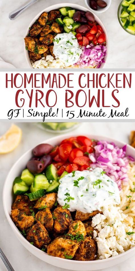 Chicken Gyro Bowl (15 Minutes, Gluten-Free) - Whole Kitchen Sink Chicken Gyro Bowl Tzatziki Sauce, Chicken Gyro Meal Prep, Greek Bowl Chicken, Mediterranean Chicken Bowls Healthy, Healthy Greek Bowl Recipes, Greek Chicken Taziki Bowl, Chicken Euros, Gyro Chicken Bowl, Instant Pot Chicken Gyros