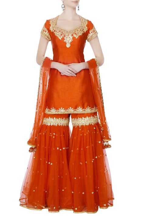 Buy Orange kurta with garara pants & dupatta by Preeti S Kapoor at Aza Fashions Red Sharara Suit Pakistani, Indian Sharara Outfits, Garara Designs, Sharara Outfits, Garara Dress, Red Sharara, Kurta Sharara Set, Kurta Sharara, Indian Lehenga Choli