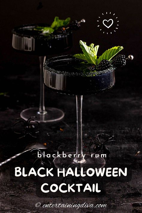 Blackberry Rum Cocktail (The Perfect Black Halloween Drink) | Drinks Activated Charcoal Drink Recipe, Halloween Cocktail Pitcher, Black Drinks Cocktails, Frankenstein Cocktail, Beetlejuice Drink, Beetlejuice Cocktail, Spider Cocktail, Halloween Cocktails Recipes, Blackberry Rum