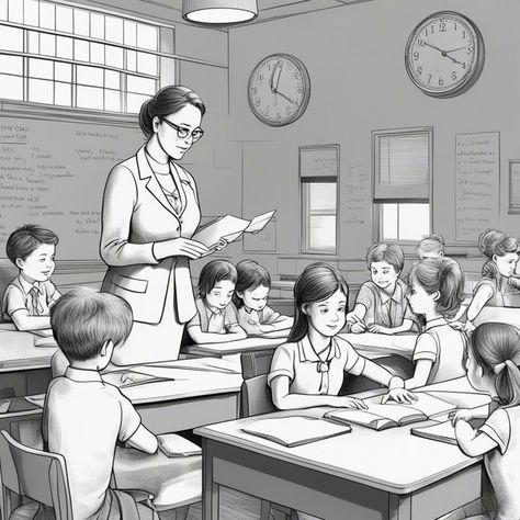 Teacher Drawing Illustration, Teacher And Student Drawing, Teacher And Student Images, Teacher Sketch, Teacher With Students, Teacher Teaching Students, Teacher Drawing, Teachers Day Drawing, Teachers Illustration