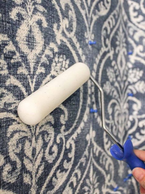 For an easy temporary accent wall, this DIY wallpaper tutorial using fabric and starch is great option! Here's how we used this technique in our half bath. Starched Fabric Wallpaper, Temporary Accent Wall, Fabric Wallpaper Diy, Basement Redesign, How To Make Wallpaper, Wallpaper Tutorial, Farmhouse Powder Room, Fabric Starch, Modern Farmhouse Diy