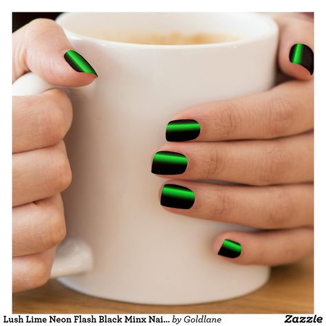 Lush Lime Neon Flash Black Minx Nail Art Neon Lime Nails Acrylic, Lime Green Black Nails, Black And Neon Nails Short, Black Nails With Bright Colors, Black Neon Green Nails, Neon Green Black Nails, Neon Green Short Nails, Black Nails With Neon Design, Black And Lime Green Nails