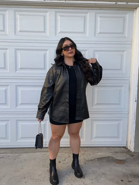 Midsize Outfits All Black, Midsize Birthday Outfits Winter, Oversized Leather Shacket Outfit, Black Dress Black Leather Jacket, All Black Outfits For Women Midsize, Oversized Leather Jacket Outfits Plus Size, Oversized Leather Jacket With Dress, The Weeknd Concert Outfit Plus Size, 25th Birthday Outfit Ideas Plus Size