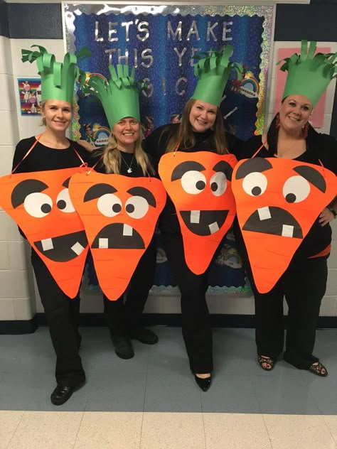 Creepy Carrots Teacher Costume, Character Parade Costumes For Teachers, Preschool Teacher Group Halloween Costumes, Teacher Book Character Costumes Group, Staff Halloween Costumes School, Creepy Carrots Costume, Storybook Character Costumes For Teacher, Easy Teacher Halloween Costumes, Book Character Costumes For Teachers