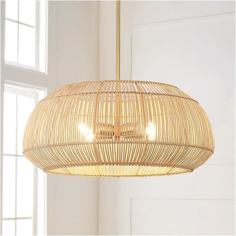 4 - Light Rattan Pendant Chandelier with Brass Canopy - 22 in - On Sale - Bed Bath & Beyond - 37417734 Rattan Chandelier, Cage Chandelier, Breakfast Bar Kitchen, Rattan Pendant Light, Geometric Chandelier, Chandelier Pendant, Drum Chandelier, Chandelier In Living Room, Pendant Chandelier