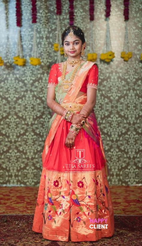 Paithani Half Saree Designs, Paithani Half Saree, Paithani Lehangas, Paithani Lehenga, Teja Sarees, Wedding Matching Outfits, Disney Princess Dress Up, Half Saree Function, Langa Voni