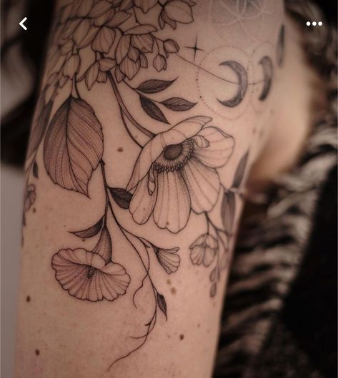 Whimsical Poppy Tattoo, Celestial Botanical Tattoo, Whimsical Botanical Art, Ethereal Flower Tattoo, Forest Flower Tattoo, Night Flower Tattoo, Whimsical Flower Tattoo, Shoulder Floral Tattoo, Melanie Tattoo