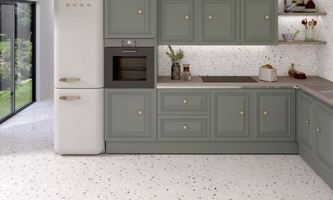 Add style with the latest Italian inspired Terrazzo Tiles perfect for Terrazzo bathroom and kitchen tiles. See quality tiles at budget friendly prices and order free samples today at Direct Tile Warehouse. Terrazzo Floor Kitchen, Terrazzo Kitchen Floor, Italian Style Bathroom, White Terrazzo Floor, Kitchen Terrazzo, White Terrazzo Tile, Kitchen Floor Tile Design, Terrazzo Kitchen, Terrazzo Floor Tiles