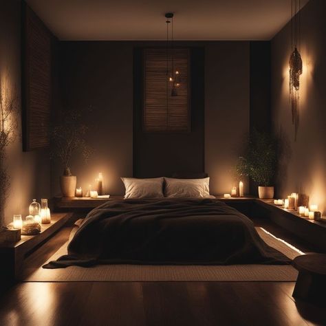 Dark Room Bedroom, Black Brown Cream Bedroom, Coquette Room Dark, Moody Meditation Room, Basement Bedroom Ideas No Windows, Black Ceiling Bedroom, Minimal Bedroom Aesthetic, Bedroom Bed Ideas, Cozy Warm Bedroom