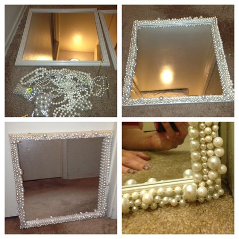 My DIY pearl mirror. Found the mirror in my laundry room. Bought the pearls at a swap meet for $8. This will be for my make up station in the new house Pearl Mirror, Pearls Diy, Diy Vanity, Diy Mirror, Dollar Tree Diy, Do It Yourself, Decor Project, Home Deco, Home Projects