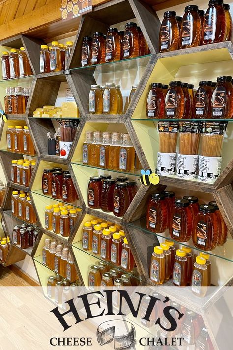 If you're looking for a little something sweet, we've got just what you need! You'll want to try them all with a wonderful selection of honey to add to your meals. Stop in to see all of our varieties for yourself, or shop for them online on our website today. Honey Shop Design Ideas, Honey Display, Honey Label Design, Bee Room, Honey Store, Mall Kiosk, Wood Bees, Honey Label, Bee Shop