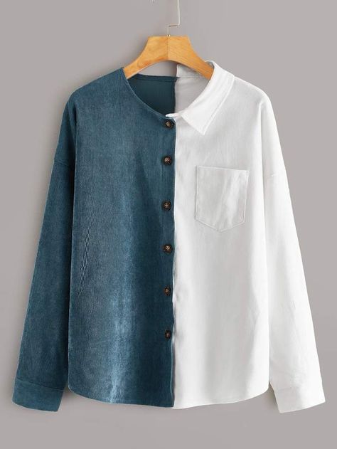 Shein Two Tone Pocket Front Corduroy Blouse Two Tone Shirt, Corduroy Blouse, Mode Kimono, Mommy Shirts, Casual Shirt Women, Trendy Fashion Tops, Corduroy Fabric, Latest Fashion For Women, Fashion Tops