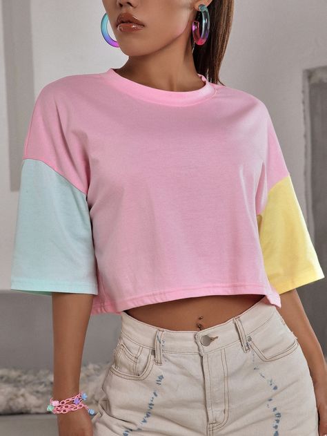 Drop Shoulder Tshirt, Color Block Tshirt, Sewing Top, Colorblock Top, Top Shein, Color Block Top, Women T Shirts, Shein Style, Casual T Shirts