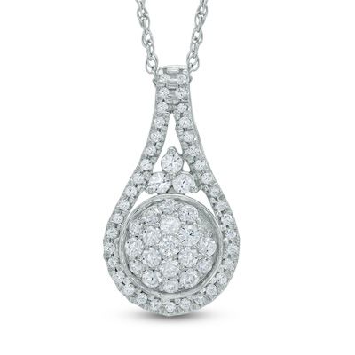 0.50 CT. T.W. Diamond Cluster Teardrop Frame Pendant in 10K White Gold  - Peoples Jewellers Round Diamond Setting, Pendant Diamond, Fashion Pendant, Peoples Jewellers, Diamond Fashion, Diamond Cluster, Rope Chain, Diamond Stone, Necklace Designs