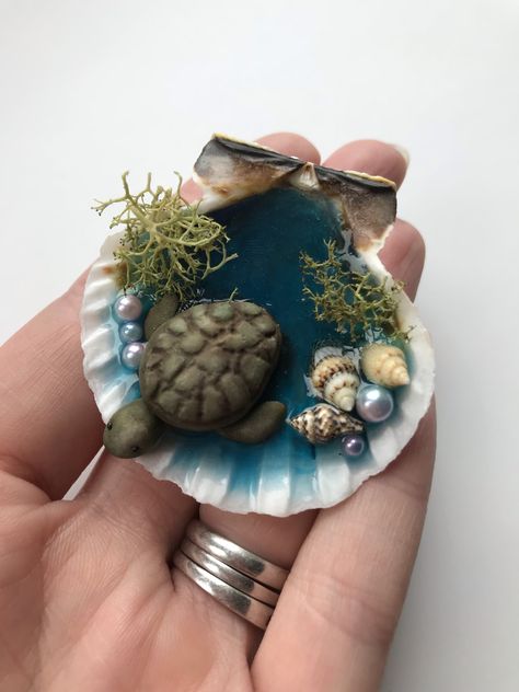 Scallop Shell Crafts, Scallop Shell Craft Ideas, Seashell Turtle, Scallop Shell Craft, Tiny Shells, Spool Crafts, Mixed Media Crafts, Shell Crafts Diy, Scallop Shell