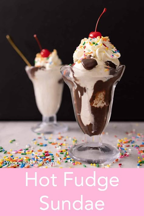 A classic dessert, this Hot Fudge Sundae is a delicious combination of ice cream and rich hot fudge. Top it with whatever your heart desires or go with the classic whipped cream, sprinkles, nuts, and a cherry. These are an amazing start to your Summer! Hot Fudge Sundaes, Classic Ice Cream Sundae, Sundae Recipes Ice Cream, Ice Cream Sundae Ideas Recipes, Ice Cream Sundae Recipe, Sundae Funday, Hot Fudge Sundae, Fair Festival, Sundae Recipes