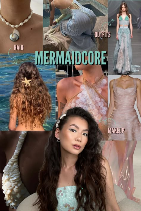 Mermaidcore is by far my favorite core fashion trend of this year. I love the colors, textures, and of course mermaids! Today, I show you guys my interpretation of mermaidcore through makeup, hair, and outfits. #mermaidcore #mermaidcoreaesthetic #mermaidcoreoutfits Mermaid Astethics Outfit, Mermaid Style Outfit, Mermaid Look Outfit, Mermaid Core Fashion, Mermaidcore Hair, Mermaid Core Hair, Mermaid Inspired Fashion, Mermaid Clothes Aesthetic, Siren Inspired Outfits