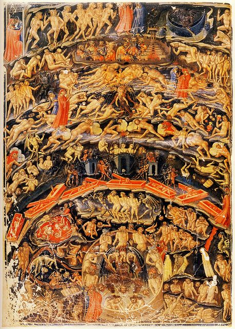 Inferno (Dante's Divine Comedy), by Bartolomeo di Fruosino, c.1430-35 (Folio 1v). (Bibliothèque Nationale, Paris, France, via Flickr/arthistory390) The Divine Comedy, Dantes Inferno, Divine Comedy, Dante Alighieri, Heaven And Hell, Old Maps, Angels And Demons, Medieval Art, Illuminated Manuscript