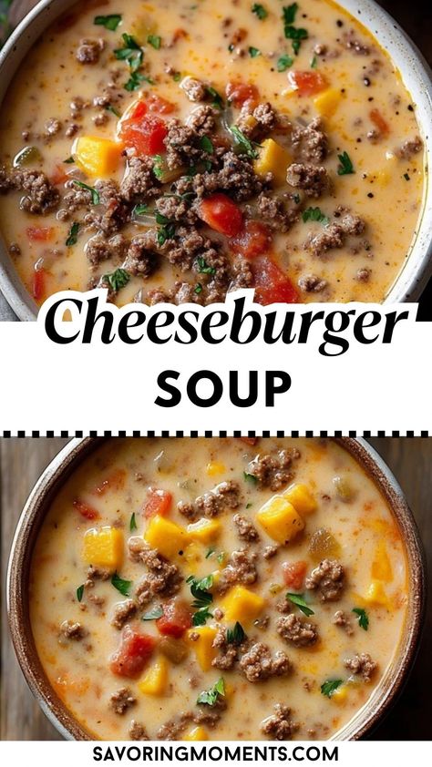 Looking for the ultimate comfort food? This creamy, cheesy Cheeseburger Soup combines all the flavors of a classic burger in a cozy, delicious bowl! Ground beef, cheddar cheese, and potatoes make this soup a must-try for any soup lover. Save this quick and easy recipe for busy days #cheeseburgersoup #comfortfood #easyrecipe #souplover #cheesysoup #groundbeefrecipes #quickdinner #weeknightdinner #heartymeals #fallrecipes Creamy Blended Soup Recipes, Easy Cheeseburger Soup, Cheeseburger Soup Recipe, Cheese Burger Soup Recipes, Cheese Soup Recipes, Soup With Ground Beef, Burger Seasoning, Cheddar Cheese Soup, Hamburger Soup